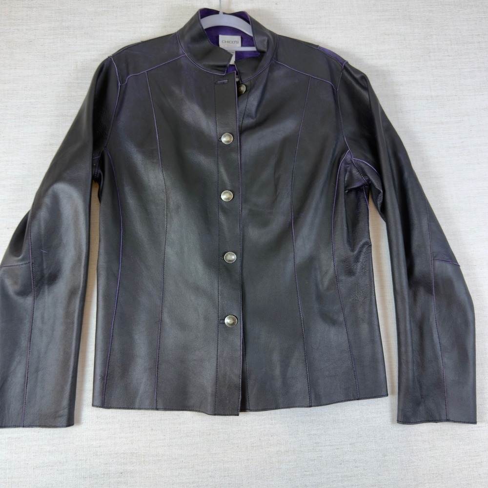 Chico's Dark Purple Leather Jacket Mock Neck Button Front Size L